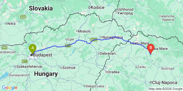 Map: Cluj-Napoca to Budapest Keleti Train Station