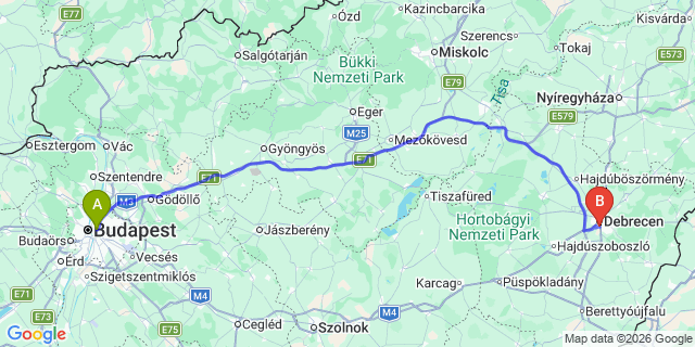 Map: Budapest Keleti Train Station to Debrecen
