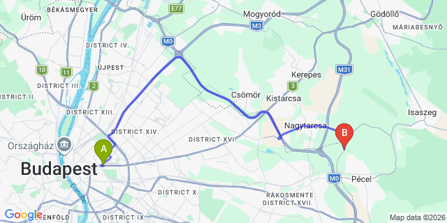 Map: Budapest Keleti Train Station to Ecser