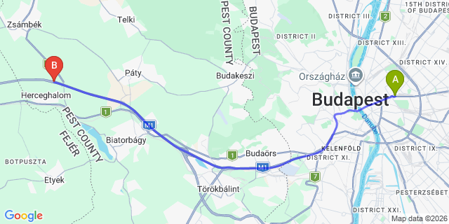 Map: Budapest Keleti Train Station to Etyek