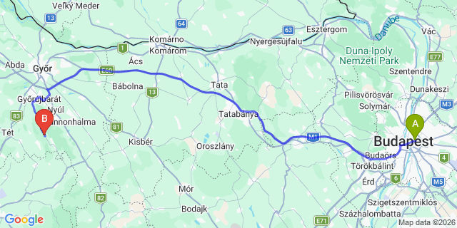 Map: Budapest Keleti Train Station to Győr