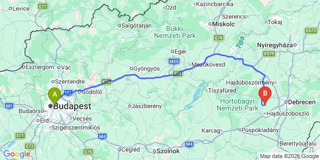 Map: Budapest Keleti Train Station to Hajdúszoboszló