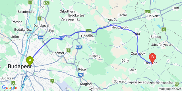 Map: Budapest Keleti Train Station to Hatvan