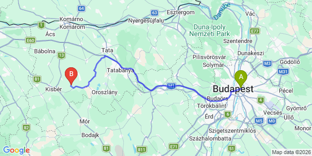 Map: Budapest Keleti Train Station to Komárno