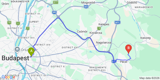 Map: Maglód to Budapest Keleti Train Station