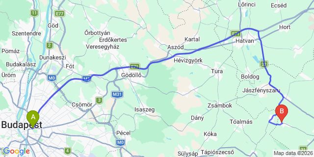Map: Nagykőrös to Budapest Keleti Train Station