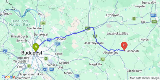 Map: Budapest Keleti Train Station to Parádfürdő