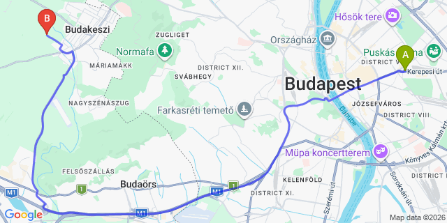 Map: Budapest Keleti Train Station to Pilisvörösvár