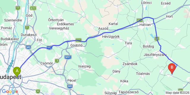 Map: Budapest Keleti Train Station to Salgótarján