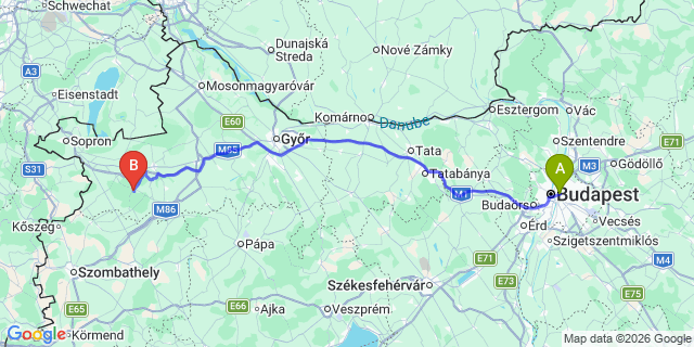 Map: Budapest Keleti Train Station to Sárvár