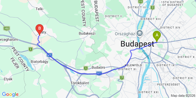 Map: Budapest Keleti Train Station to Telki