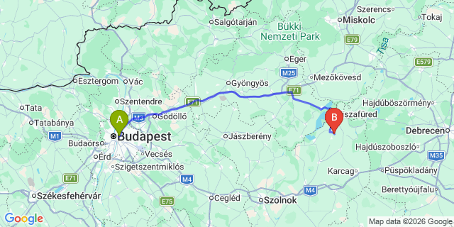 Map: Tiszafüred to Budapest Keleti Train Station