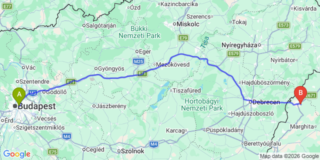Map: Budapest Keleti Train Station to Záhony