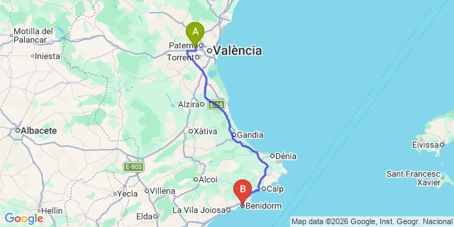 Map: Valencia Airport (VLC) to Benidorm
