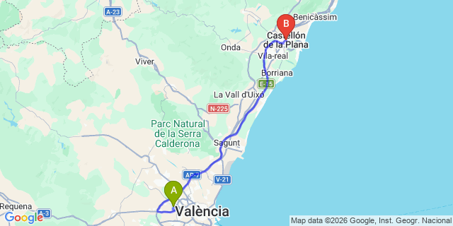 Map: Valencia Airport (VLC) to Castellon de la Plana