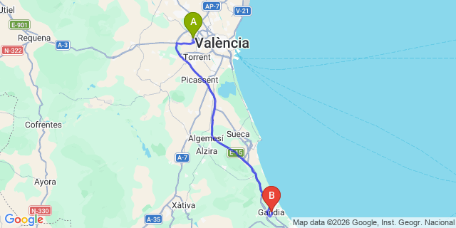 Map: Valencia Airport (VLC) to Gandia