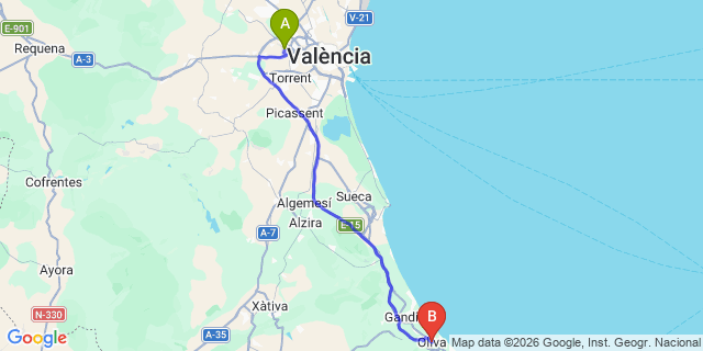 Map: Valencia Airport (VLC) to Oliva