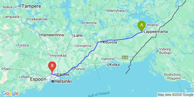 Map: Lappeenranta Airport (LPP) to Helsinki city (all areas)