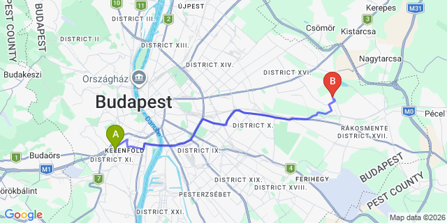 Map: Budapest Kelenföld Train Station to Csomád