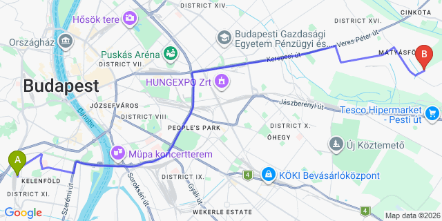 Map: Budapest Kelenföld Train Station to Csömör