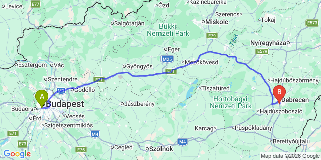 Map: Budapest Kelenföld Train Station to Debrecen