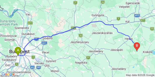 Map: Budapest Kelenföld Train Station to Eger