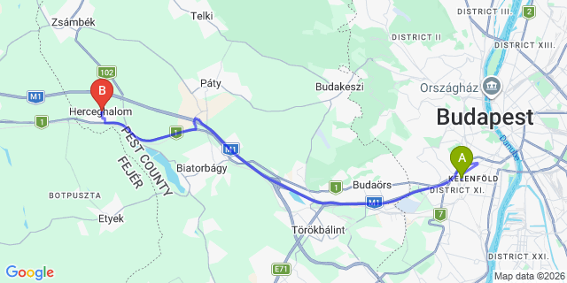 Map: Budapest Kelenföld Train Station to Esztergom