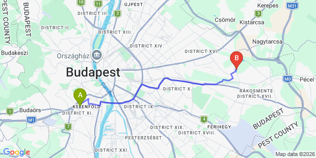Map: Budapest Kelenföld Train Station to Felsőpakony