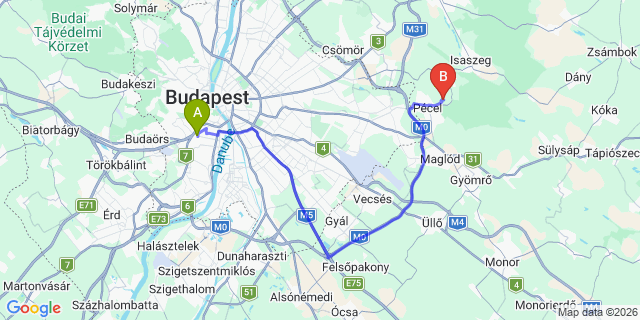 Map: Budapest Kelenföld Train Station to Gödöllő