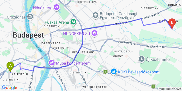 Map: Budapest Kelenföld Train Station to Gyál