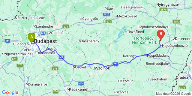 Map: Budapest Kelenföld Train Station to Hajdúszoboszló
