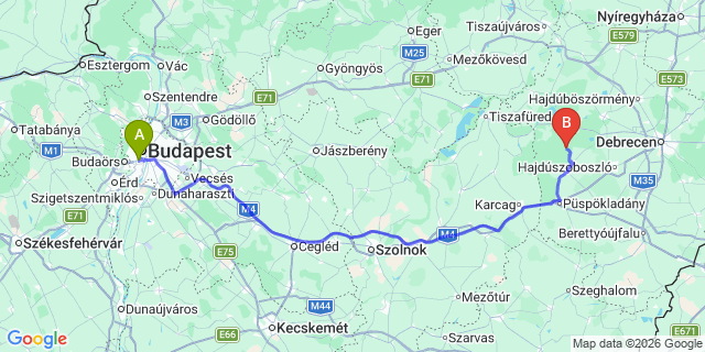 Map: Budapest Kelenföld Train Station to Hortobágy