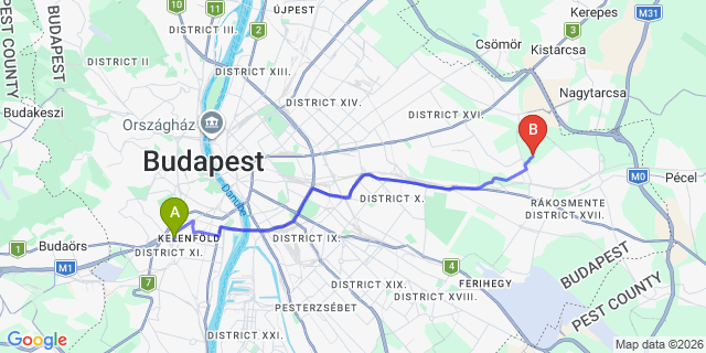 Map: Budapest Kelenföld Train Station to Hungaroring