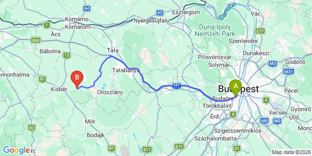 Map: Budapest Kelenföld Train Station to Komárno