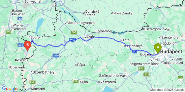 Map: Budapest Kelenföld Train Station to Kőszeg