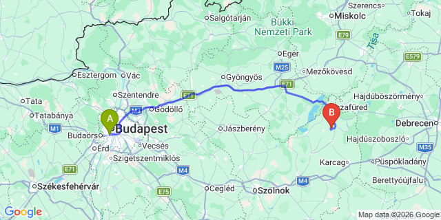 Map: Budapest Kelenföld Train Station to Miskolc