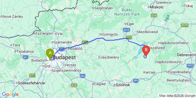 Map: Budapest Kelenföld Train Station to Miskolctapolca