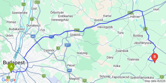 Map: Budapest Kelenföld Train Station to Nagykőrös