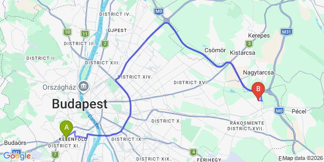Map: Budapest Kelenföld Train Station to Nagytarcsa