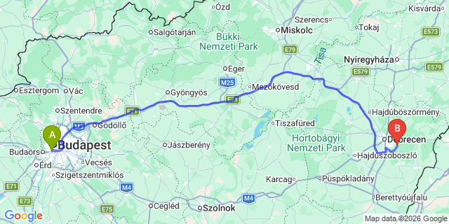 Map: Budapest Kelenföld Train Station to Nyíregyháza