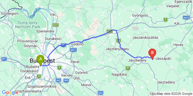 Map: Budapest Kelenföld Train Station to Parádfürdő