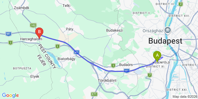 Map: Budapest Kelenföld Train Station to Perbál