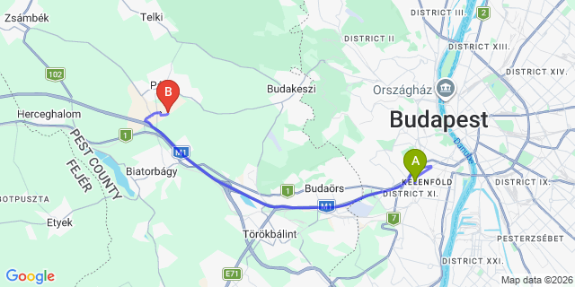 Map: Budapest Kelenföld Train Station to Piliscsaba
