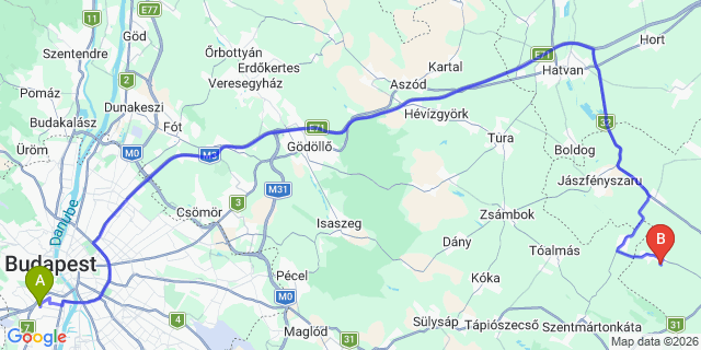 Map: Budapest Kelenföld Train Station to Salgótarján