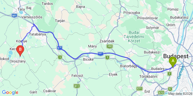 Map: Budapest Kelenföld Train Station to Tata