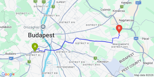 Map: Budapest Kelenföld Train Station to Vecsés