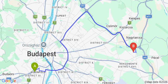 Map: Budapest Kelenföld Train Station to Veresegyház