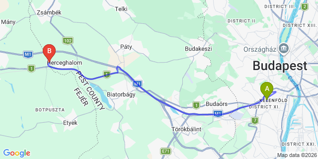 Map: Budapest Kelenföld Train Station to Zsámbék