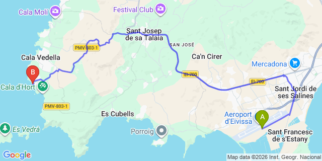 Map: Ibiza Airport (IBZ) to Cala Carbó