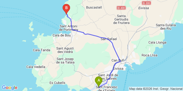 Map: Ibiza Airport (IBZ) to Cala Salada